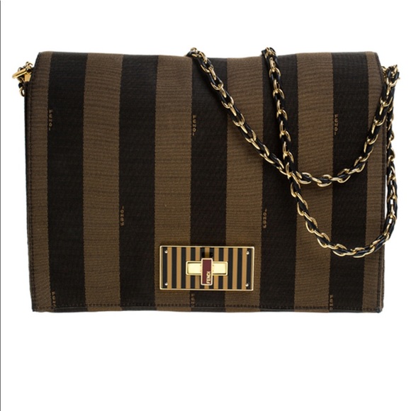 Fendi Tobacco Pequin Canvas Claudia Shoulder Bag - Picture 1 of 11